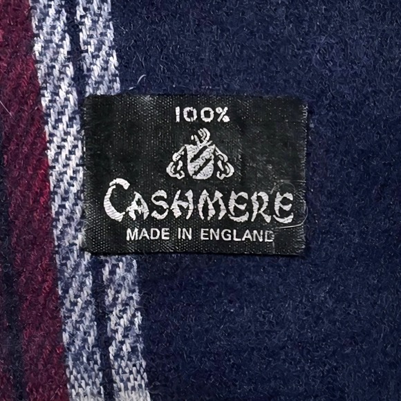 Luxury 100% Cashmere Plaid Scarf Made in England Men's Burgundy Navy White 48x12 - Picture 3 of 3